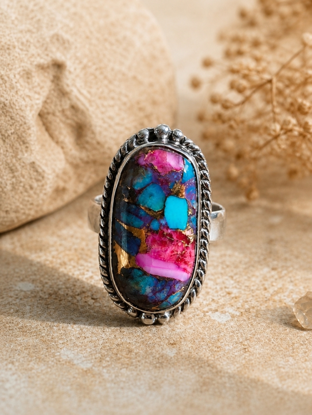 Pink Magenta Gold Oyster Turquoise Ring